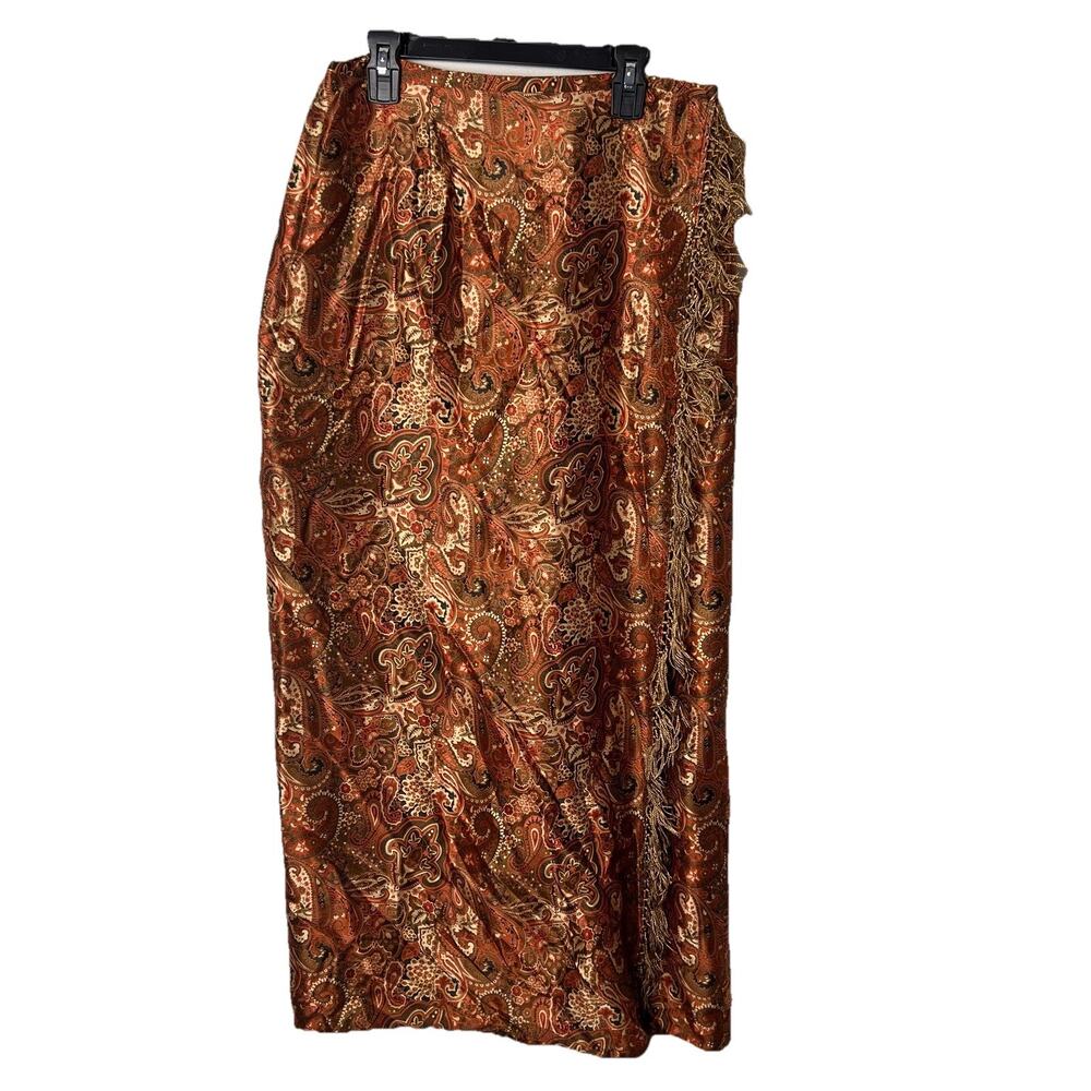 Coldwater Creek Silk Paisley Tassle Long Skirt Brown Gold Boho Peasant Gypsy S